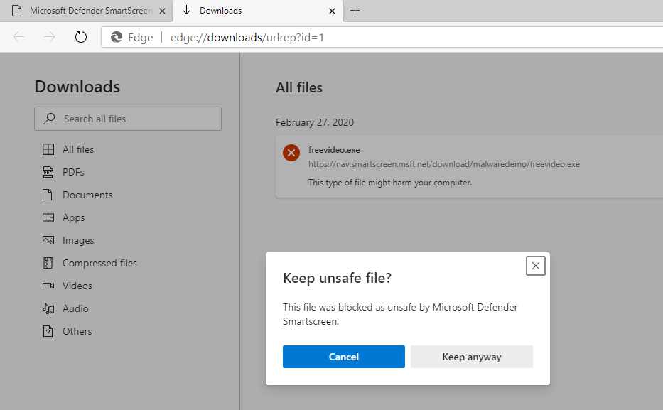 Download blocked message in Microsoft Edge